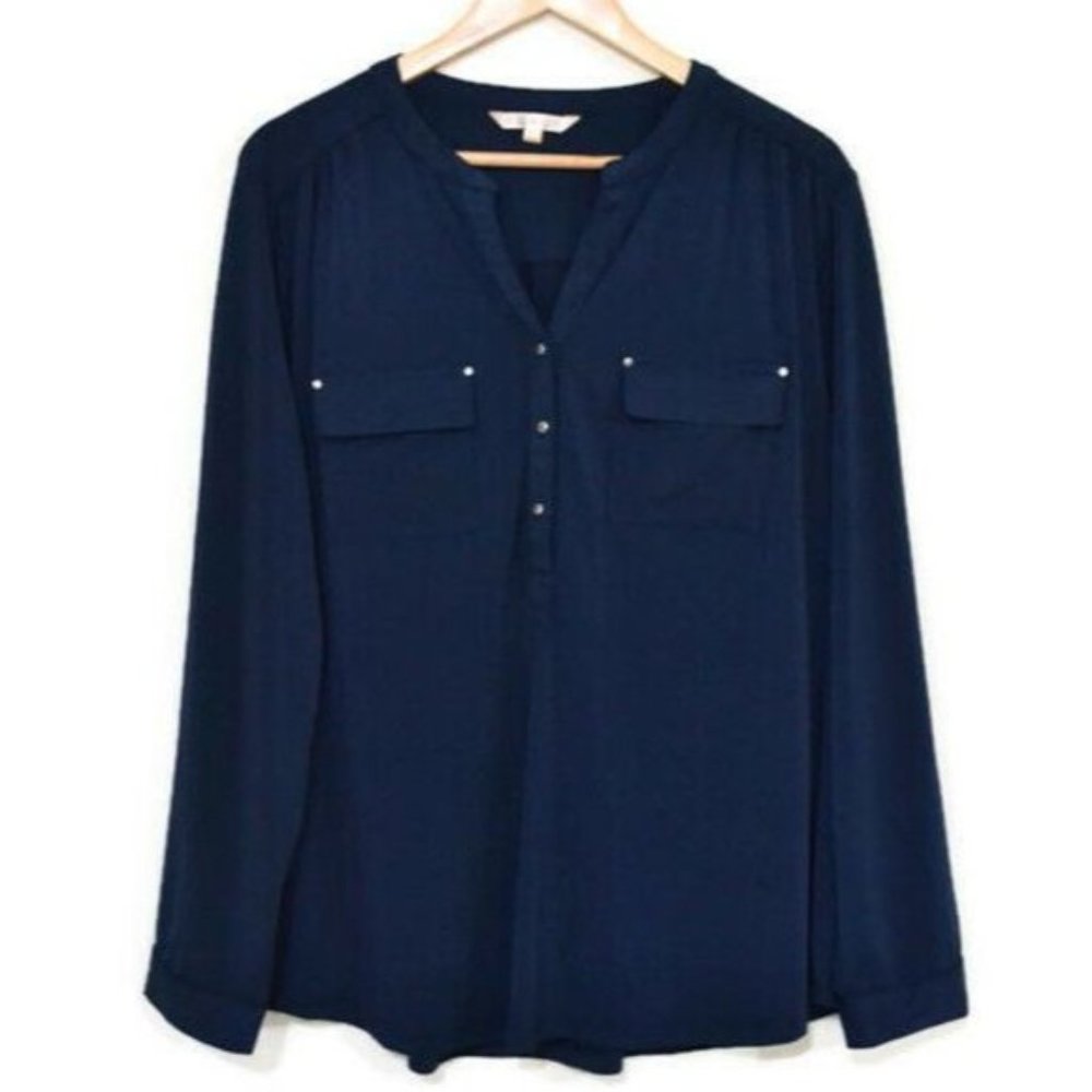 NONI B Navy Blue Long Sleeve 1/4 Button Up Stud Casual Blouse Top Plus Size 1XL